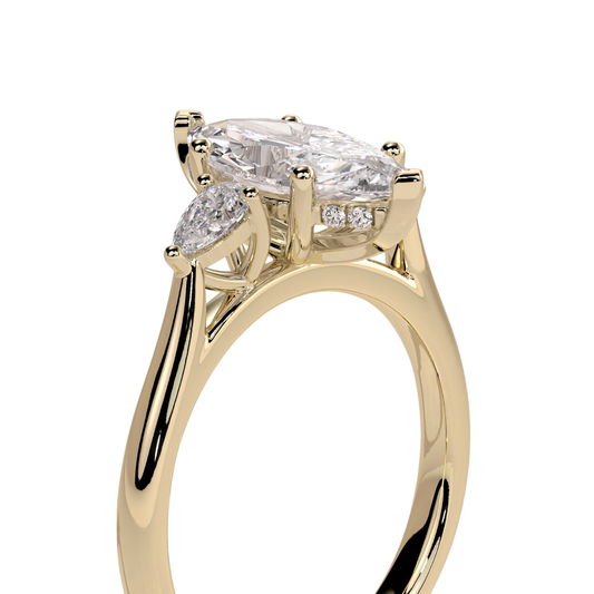 Luxury marquise claw trilogy engagement ring featuring a brilliant marquise-cut center stone flanked by elegant pear-shaped side stones and a sparkling hidden halo. Crafted in a timeless elevated design for maximum brilliance and sophistication, available in white gold, yellow gold, rose gold, platinum, lab-grown diamond, or moissanite options.