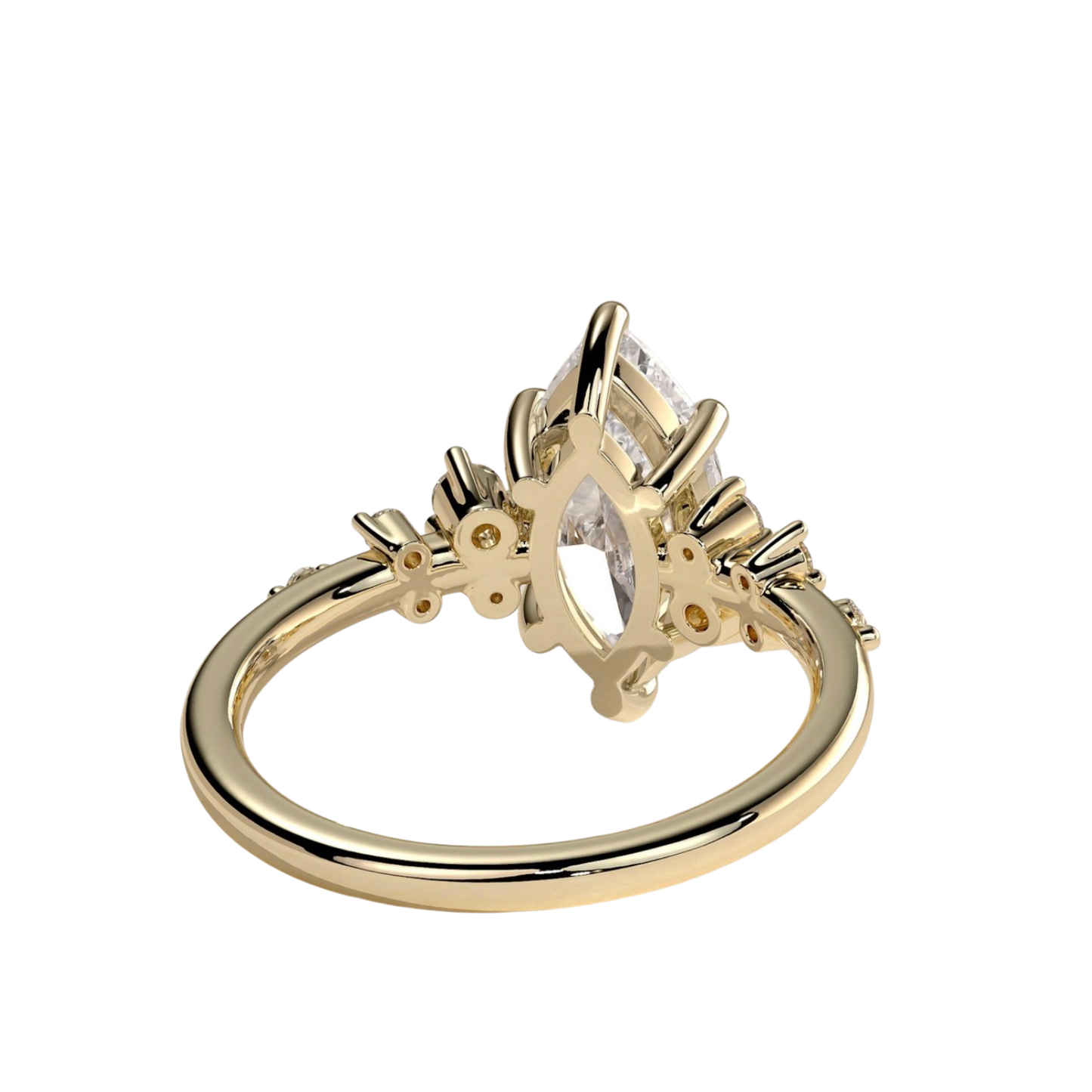 Luxury custom marquise claw solitaire engagement ring featuring a brilliant marquise-cut center stone secured in refined claws, accented by sparkling clustered round-cut diamonds on the shoulders of the band. Elegant timeless asymmetrical design crafted for exceptional brilliance, unique sophistication, and durability, available in custom carat weights and white gold, yellow gold, rose gold, platinum, lab-grown diamond, or moissanite options.