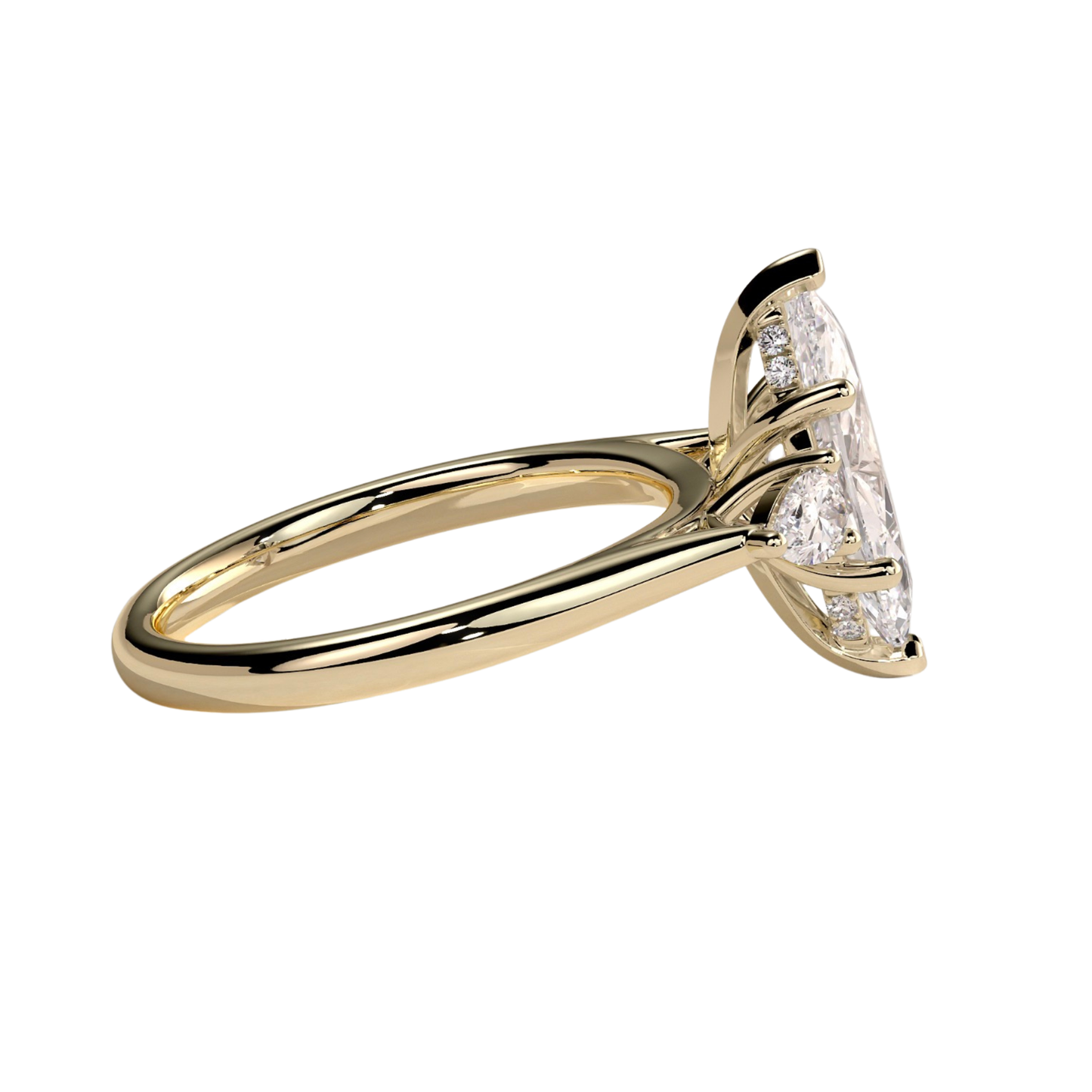Luxury marquise claw trilogy engagement ring featuring a brilliant marquise-cut center stone flanked by elegant pear-shaped side stones and a sparkling hidden halo. Crafted in a timeless elevated design for maximum brilliance and sophistication, available in white gold, yellow gold, rose gold, platinum, lab-grown diamond, or moissanite options.
