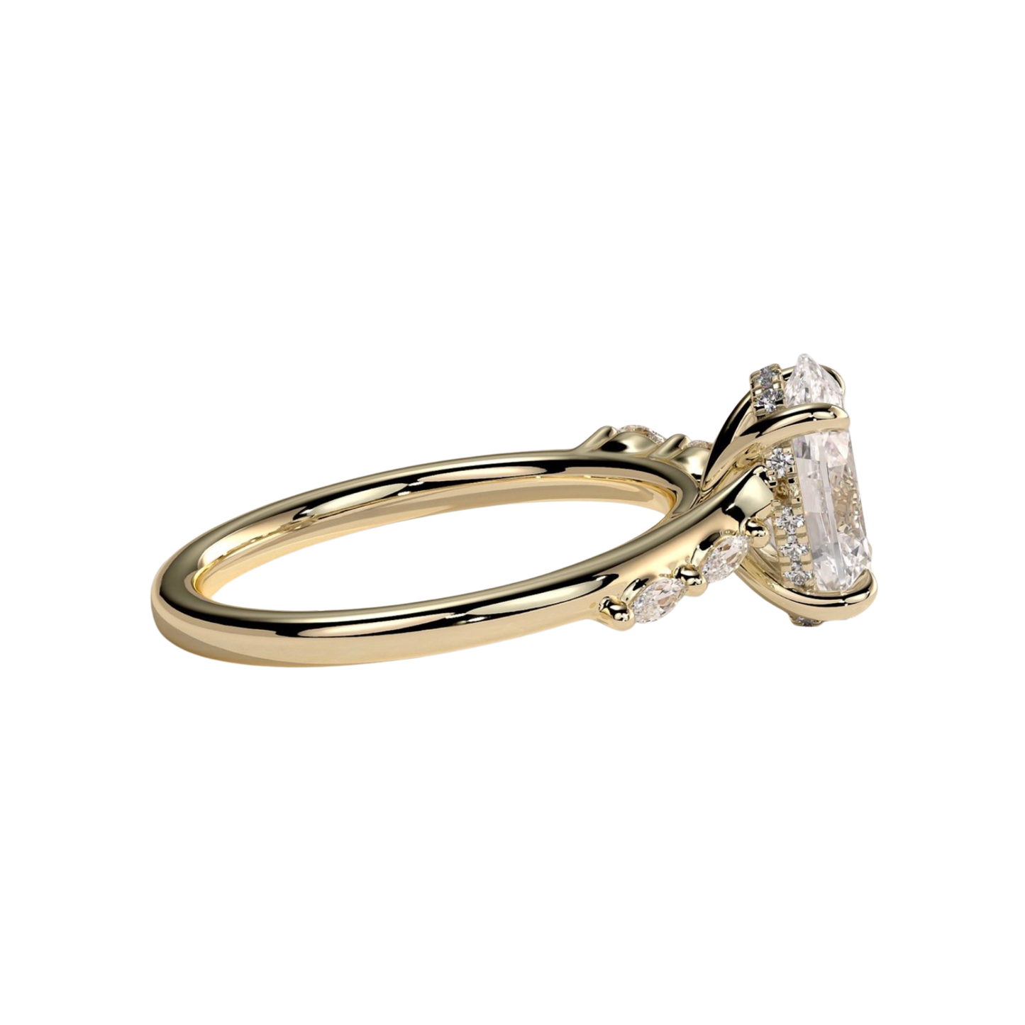 Luxury custom oval claw solitaire engagement ring featuring a brilliant oval-cut center stone with a sparkling hidden halo, flanked by elegant opposing marquise-cut side accents on an elevated high cathedral setting. Sophisticated timeless design crafted for maximum brilliance, structural durability, and elegance, available in custom carat weights and white gold, yellow gold, rose gold, platinum, lab-grown diamond, or moissanite options.
