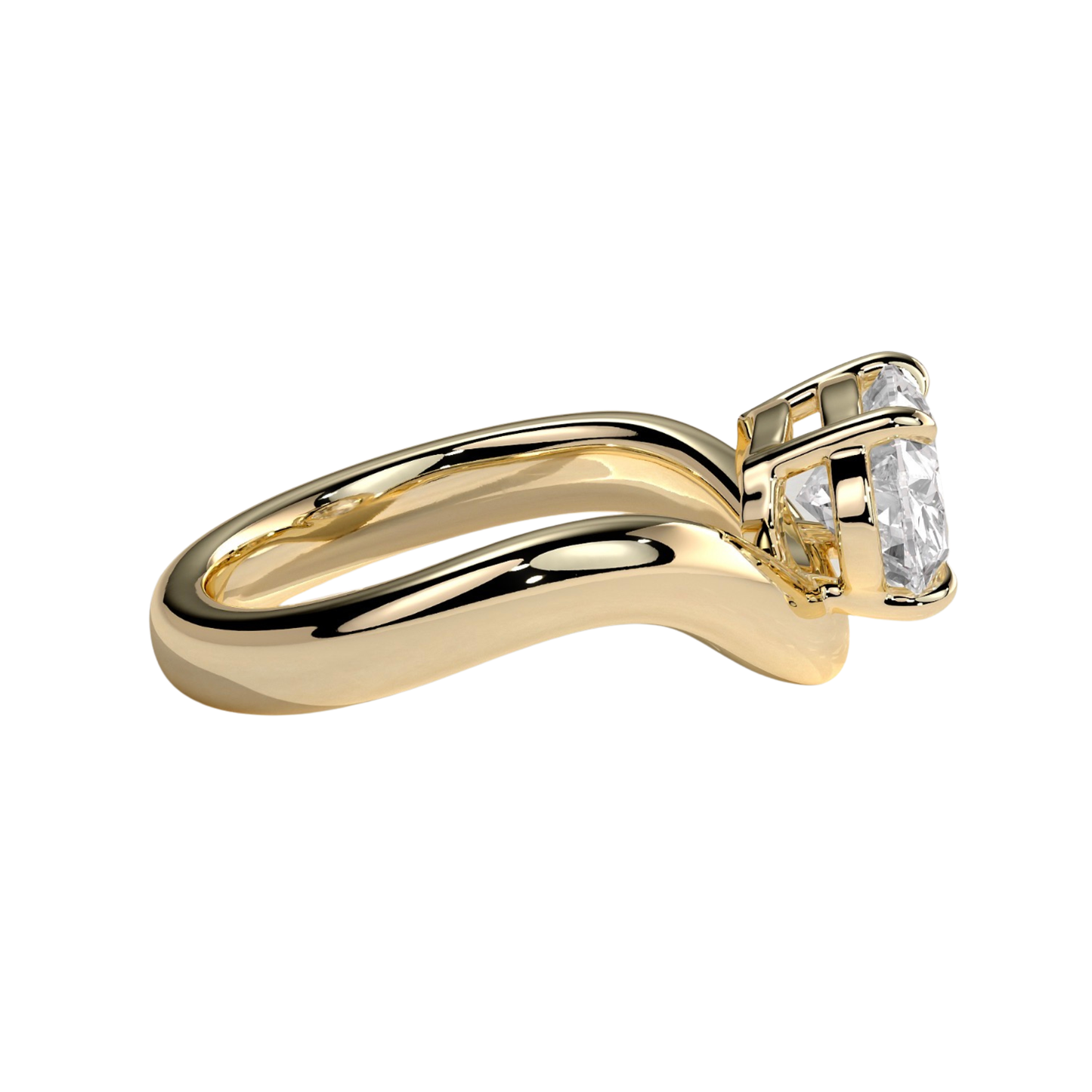 Luxury oval east west claw solitaire engagement ring featuring a brilliant horizontally set oval-cut center stone with an elegant wave band design. Modern sculpted silhouette crafted for timeless sophistication and everyday brilliance, available in white gold, yellow gold, rose gold, platinum, lab-grown diamond, or moissanite options.