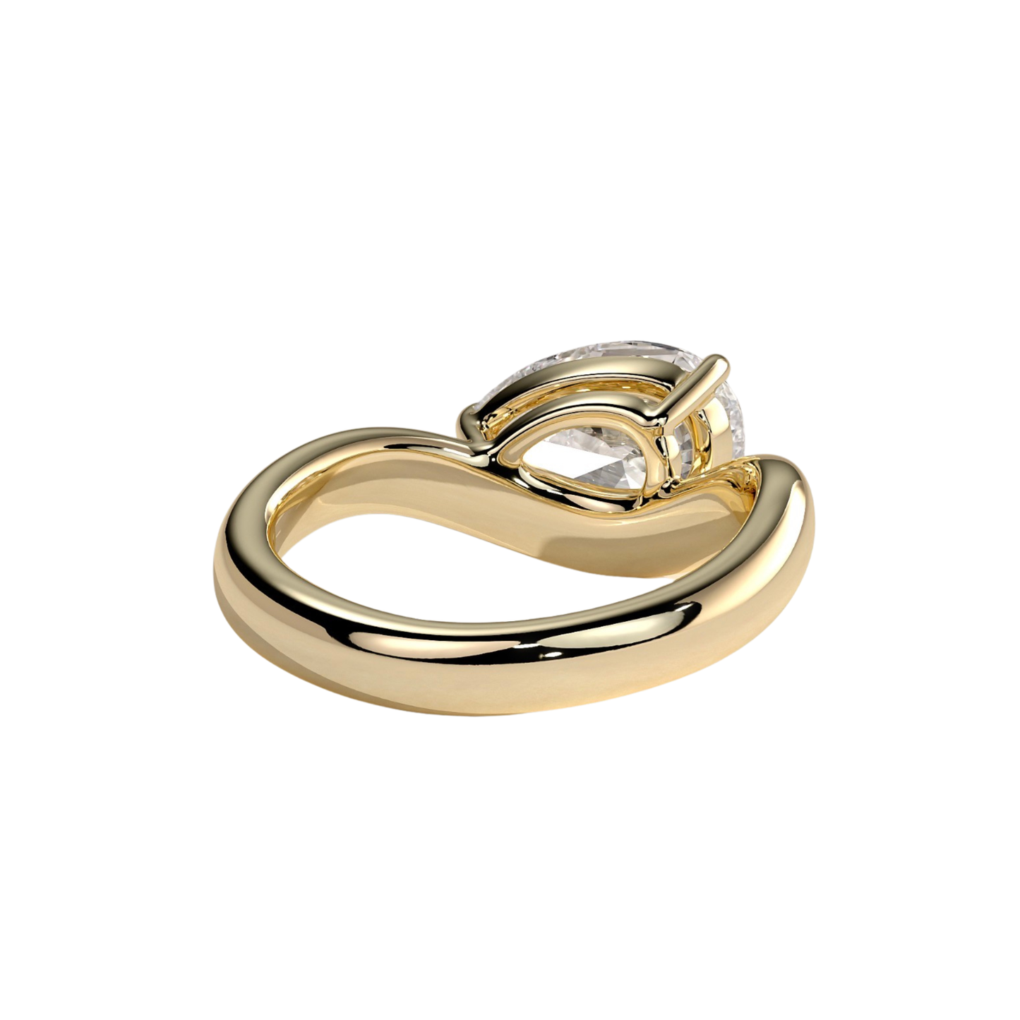 Luxury custom pear east-west claw solitaire engagement ring featuring a brilliant horizontally set pear-cut center stone secured in refined claws on a fluid, modern wave band. Contemporary timeless design crafted for exceptional brilliance, unique sophistication, and durability, available in custom carat weights and white gold, yellow gold, rose gold, platinum, lab-grown diamond, or moissanite options.