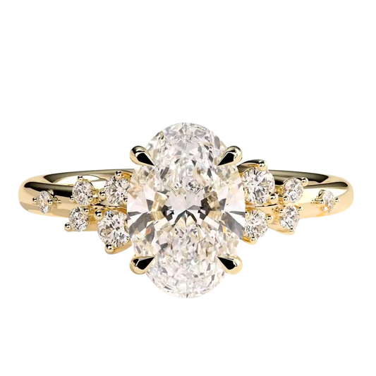 Luxury oval claw engagement ring with sparkling round accent shoulder stones, available in 925 silver, white gold, yellow gold, rose gold, platinum, moissanite, or lab-grown diamond options. Elegant four-claw solitaire design with timeless brilliance and handcrafted detail.
