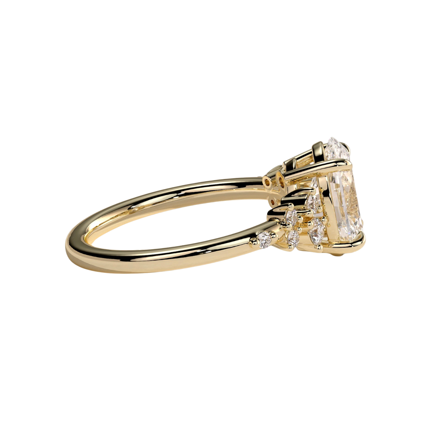 Luxury oval claw engagement ring with sparkling round accent shoulder stones, available in 925 silver, white gold, yellow gold, rose gold, platinum, moissanite, or lab-grown diamond options. Elegant four-claw solitaire design with timeless brilliance and handcrafted detail.
