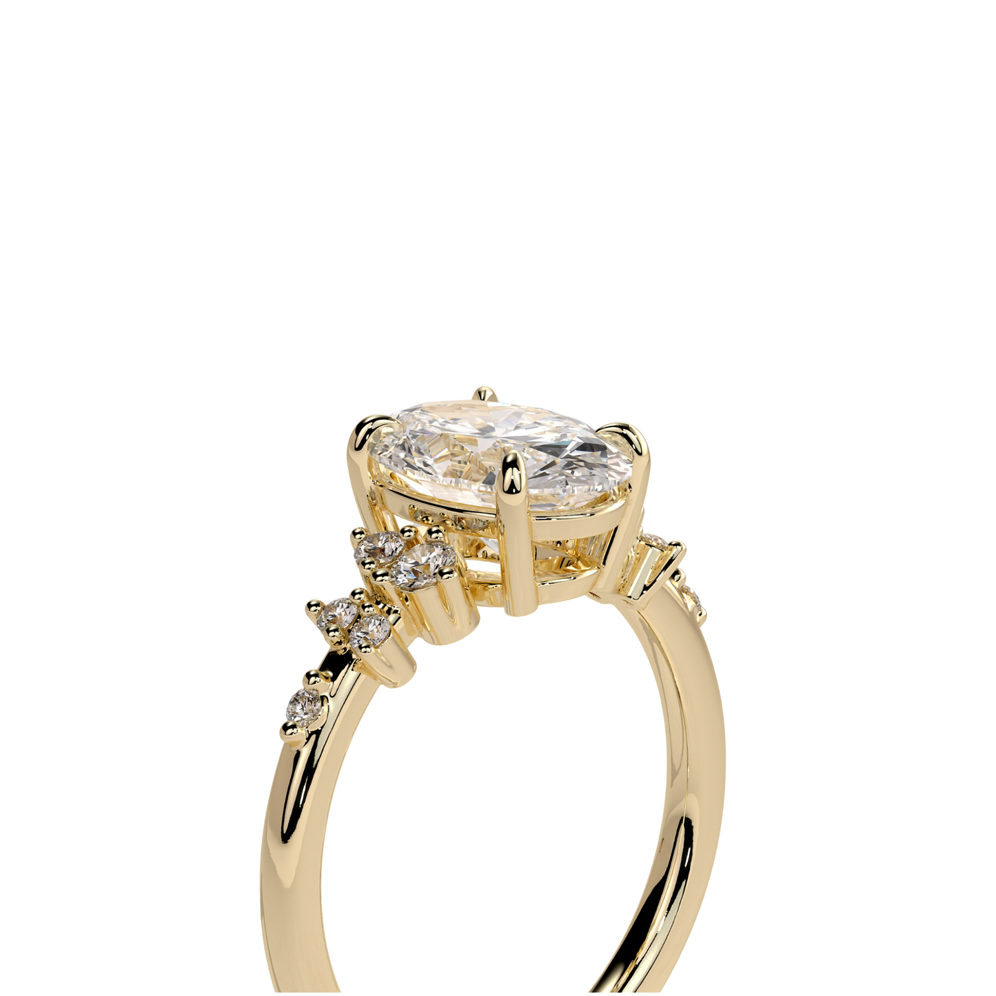Luxury oval claw engagement ring with sparkling round accent shoulder stones, available in 925 silver, white gold, yellow gold, rose gold, platinum, moissanite, or lab-grown diamond options. Elegant four-claw solitaire design with timeless brilliance and handcrafted detail.
