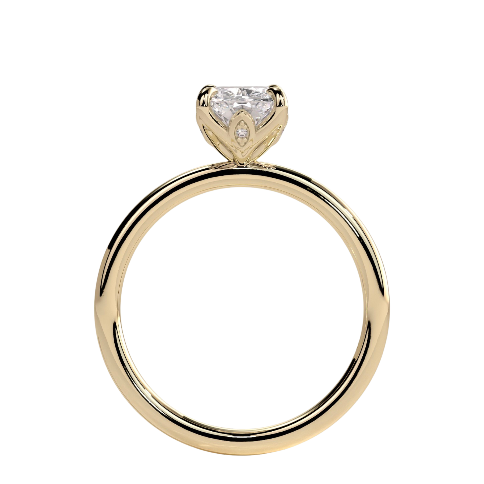 Luxury elongated cushion cut engagement ring featuring a brilliant claw-set solitaire center stone with an elegant petal gallery and delicate leaf accent details. Crafted in white gold with a nature-inspired design, available in lab-grown diamond or moissanite options for timeless elegance and everyday luxury.
