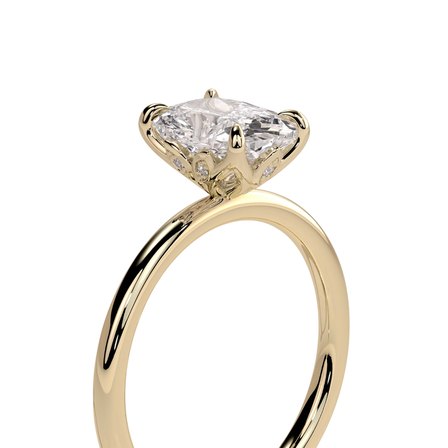 Luxury elongated cushion cut engagement ring featuring a brilliant claw-set solitaire center stone with an elegant petal gallery and delicate leaf accent details. Crafted in white gold with a nature-inspired design, available in lab-grown diamond or moissanite options for timeless elegance and everyday luxury.
