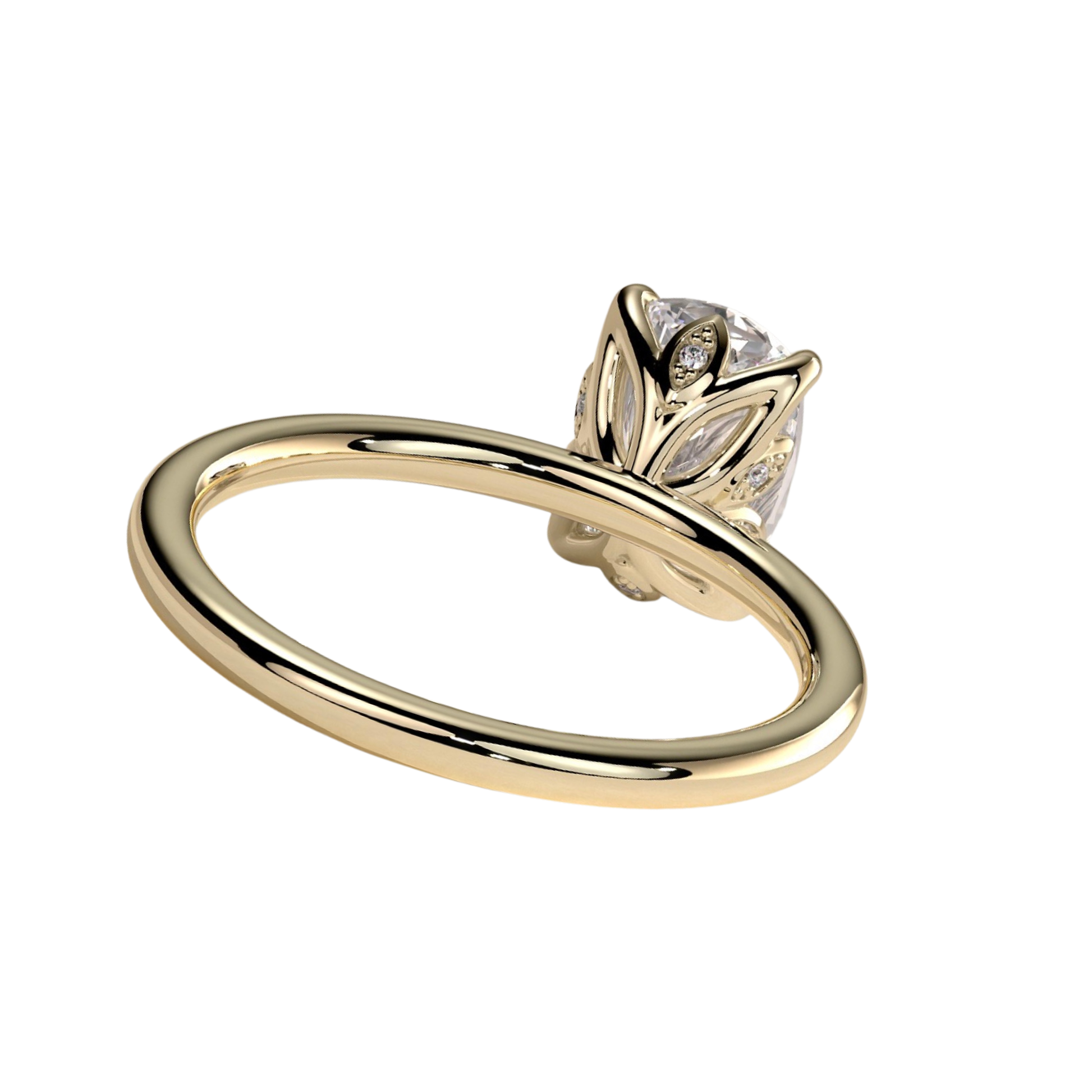 Luxury elongated cushion cut engagement ring featuring a brilliant claw-set solitaire center stone with an elegant petal gallery and delicate leaf accent details. Crafted in white gold with a nature-inspired design, available in lab-grown diamond or moissanite options for timeless elegance and everyday luxury.
