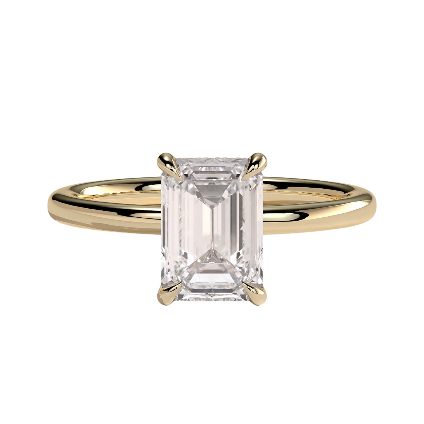 Luxury emerald claw solitaire engagement ring featuring a brilliant emerald-cut center stone secured in a refined claw setting with a sparkling hidden halo beneath the center stone. Elegant timeless design crafted for exceptional brilliance and sophistication, available in white gold, yellow gold, rose gold, platinum, lab-grown diamond, or moissanite options.
