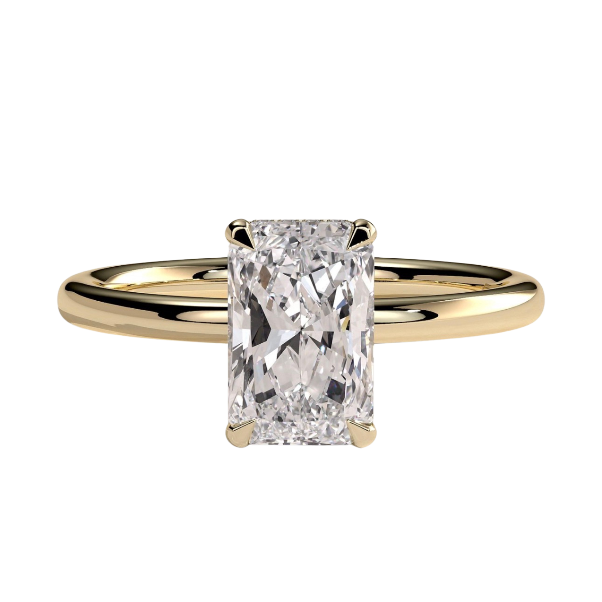 Luxury radiant claw solitaire engagement ring featuring a brilliant radiant-cut center stone secured in a refined claw setting with a sparkling wrap around hidden halo beneath the center stone. Elegant modern design crafted for maximum brilliance and sophistication, available in white gold, yellow gold, rose gold, platinum, lab-grown diamond, or moissanite options.