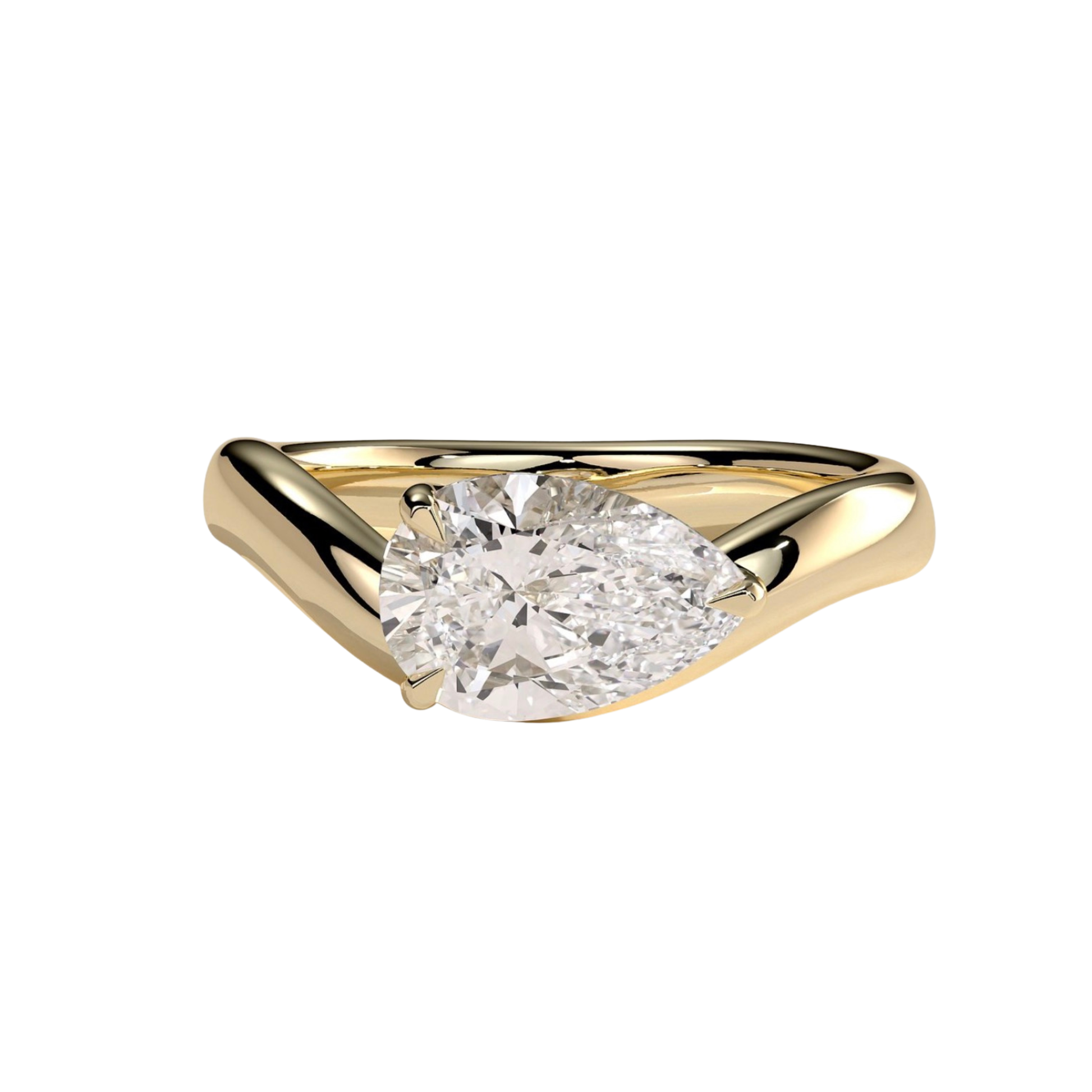 Luxury custom pear east-west claw solitaire engagement ring featuring a brilliant horizontally set pear-cut center stone secured in refined claws on a fluid, modern wave band. Contemporary timeless design crafted for exceptional brilliance, unique sophistication, and durability, available in custom carat weights and white gold, yellow gold, rose gold, platinum, lab-grown diamond, or moissanite options.