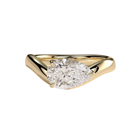 Luxury custom pear east-west claw solitaire engagement ring featuring a brilliant horizontally set pear-cut center stone secured in refined claws on a fluid, modern wave band. Contemporary timeless design crafted for exceptional brilliance, unique sophistication, and durability, available in custom carat weights and white gold, yellow gold, rose gold, platinum, lab-grown diamond, or moissanite options.