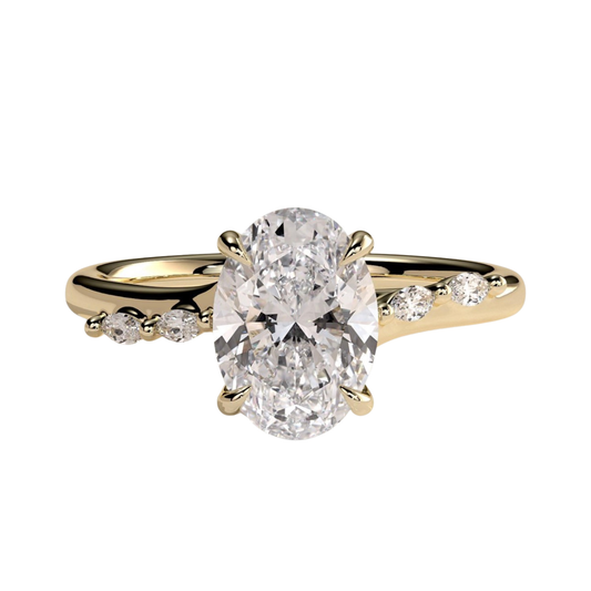 Luxury custom oval claw solitaire engagement ring featuring a brilliant oval-cut center stone with a sparkling hidden halo, flanked by elegant opposing marquise-cut side accents on an elevated high cathedral setting. Sophisticated timeless design crafted for maximum brilliance, structural durability, and elegance, available in custom carat weights and white gold, yellow gold, rose gold, platinum, lab-grown diamond, or moissanite options.