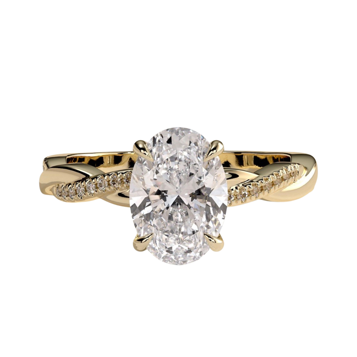 Luxury oval claw solitaire engagement ring featuring a brilliant oval-cut center stone with a sparkling hidden halo and twisted alternating pavé diamond band. Elegant modern design crafted for exceptional brilliance and timeless sophistication, available in white gold, yellow gold, rose gold, platinum, lab-grown diamond, or moissanite options.