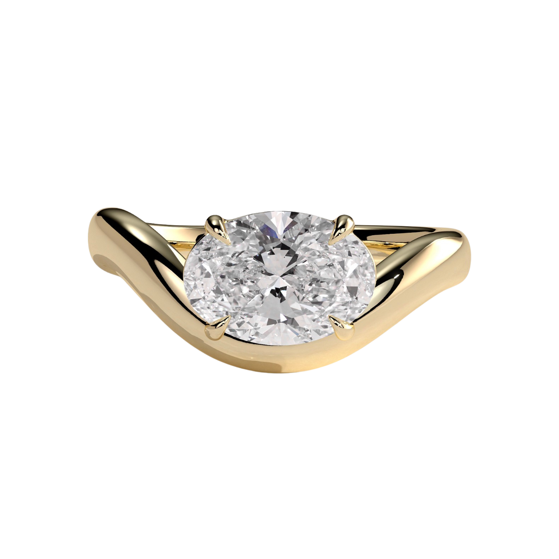 Luxury oval east west claw solitaire engagement ring featuring a brilliant horizontally set oval-cut center stone with an elegant wave band design. Modern sculpted silhouette crafted for timeless sophistication and everyday brilliance, available in white gold, yellow gold, rose gold, platinum, lab-grown diamond, or moissanite options.