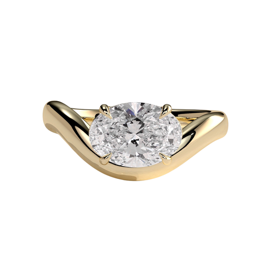 Luxury oval east west claw solitaire engagement ring featuring a brilliant horizontally set oval-cut center stone with an elegant wave band design. Modern sculpted silhouette crafted for timeless sophistication and everyday brilliance, available in white gold, yellow gold, rose gold, platinum, lab-grown diamond, or moissanite options.