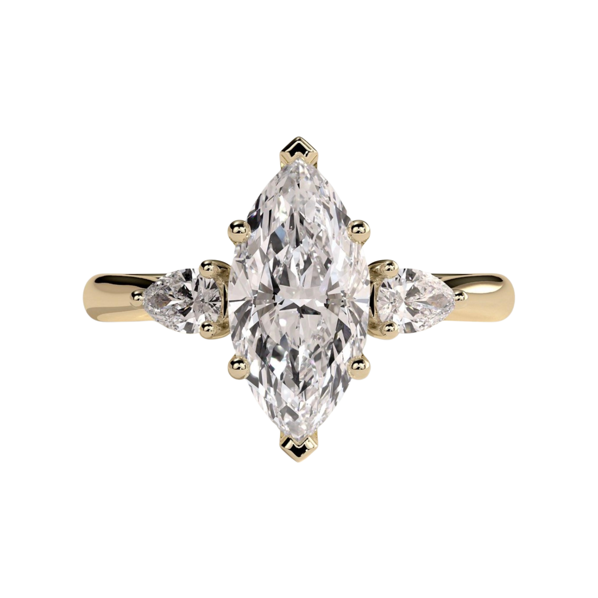 Luxury marquise claw trilogy engagement ring featuring a brilliant marquise-cut center stone flanked by elegant pear-shaped side stones and a sparkling hidden halo. Crafted in a timeless elevated design for maximum brilliance and sophistication, available in white gold, yellow gold, rose gold, platinum, lab-grown diamond, or moissanite options.