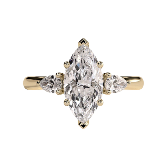 Luxury marquise claw trilogy engagement ring featuring a brilliant marquise-cut center stone flanked by elegant pear-shaped side stones and a sparkling hidden halo. Crafted in a timeless elevated design for maximum brilliance and sophistication, available in white gold, yellow gold, rose gold, platinum, lab-grown diamond, or moissanite options.