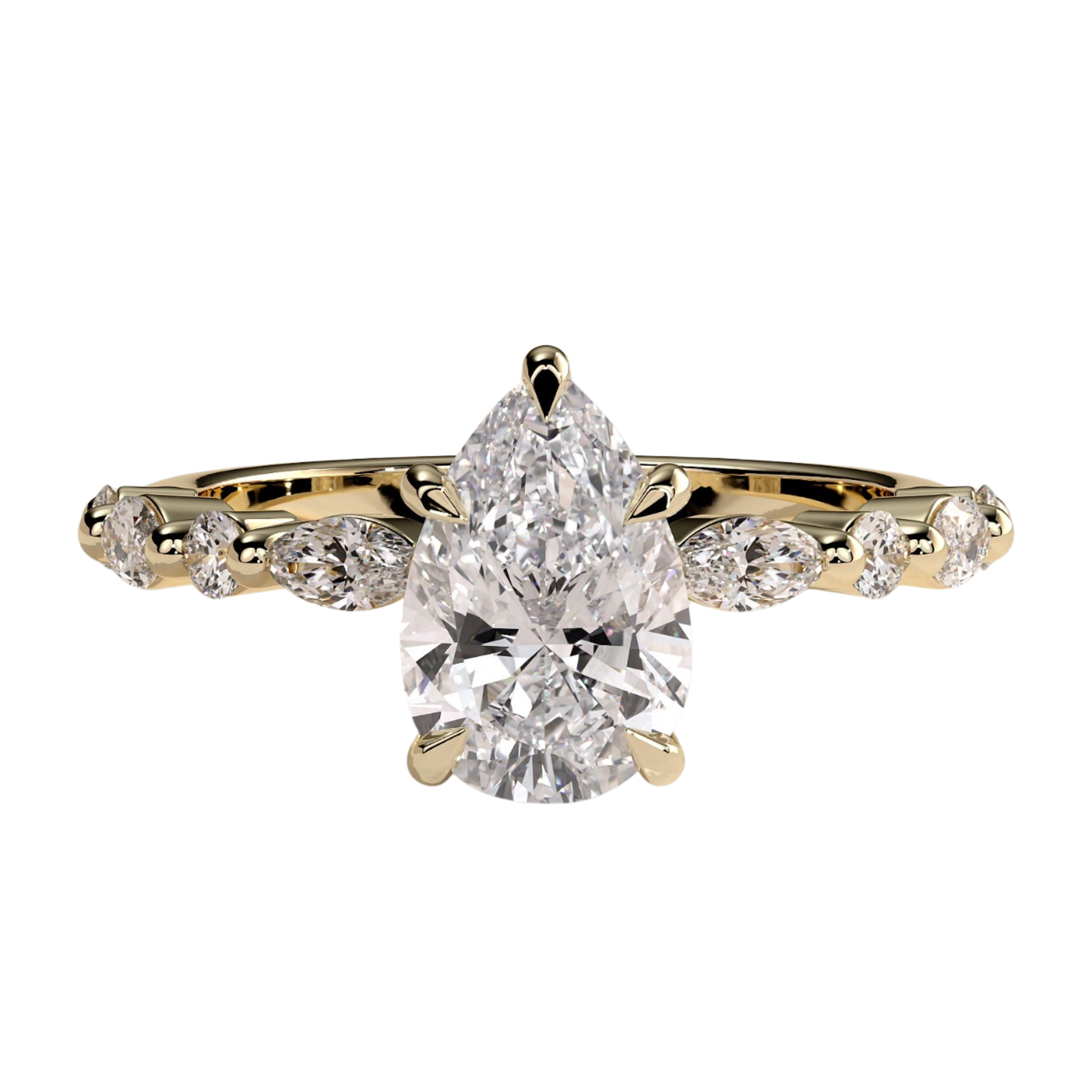 Luxury 2ct pear claw solitaire engagement ring featuring a brilliant pear-cut center stone accented with marquise and round side diamonds for enhanced sparkle and elegance. Timeless handcrafted design with exceptional brilliance and sophistication, available in white gold, yellow gold, rose gold, platinum, lab-grown diamond, or moissanite options.