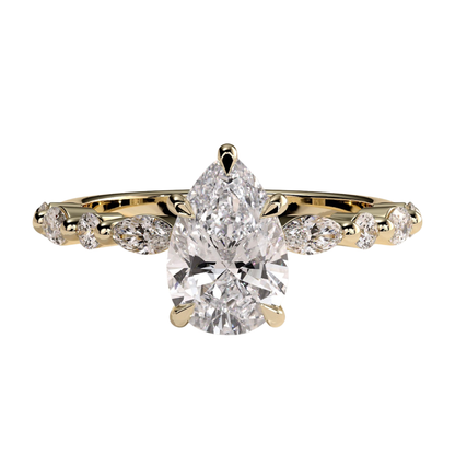 Luxury 2ct pear claw solitaire engagement ring featuring a brilliant pear-cut center stone accented with marquise and round side diamonds for enhanced sparkle and elegance. Timeless handcrafted design with exceptional brilliance and sophistication, available in white gold, yellow gold, rose gold, platinum, lab-grown diamond, or moissanite options.