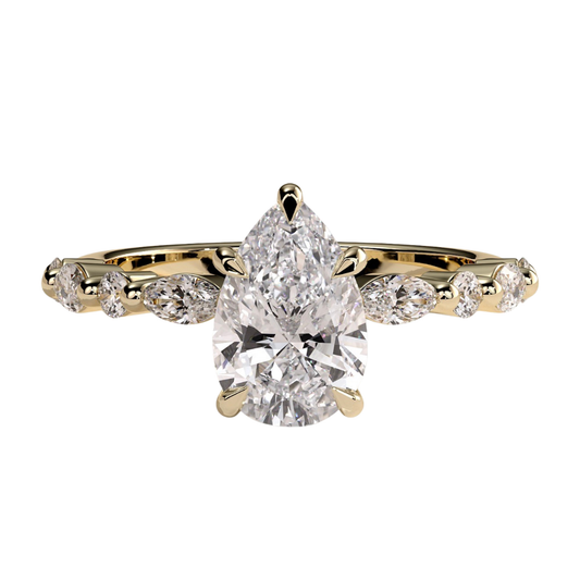 Luxury 2ct pear claw solitaire engagement ring featuring a brilliant pear-cut center stone accented with marquise and round side diamonds for enhanced sparkle and elegance. Timeless handcrafted design with exceptional brilliance and sophistication, available in white gold, yellow gold, rose gold, platinum, lab-grown diamond, or moissanite options.