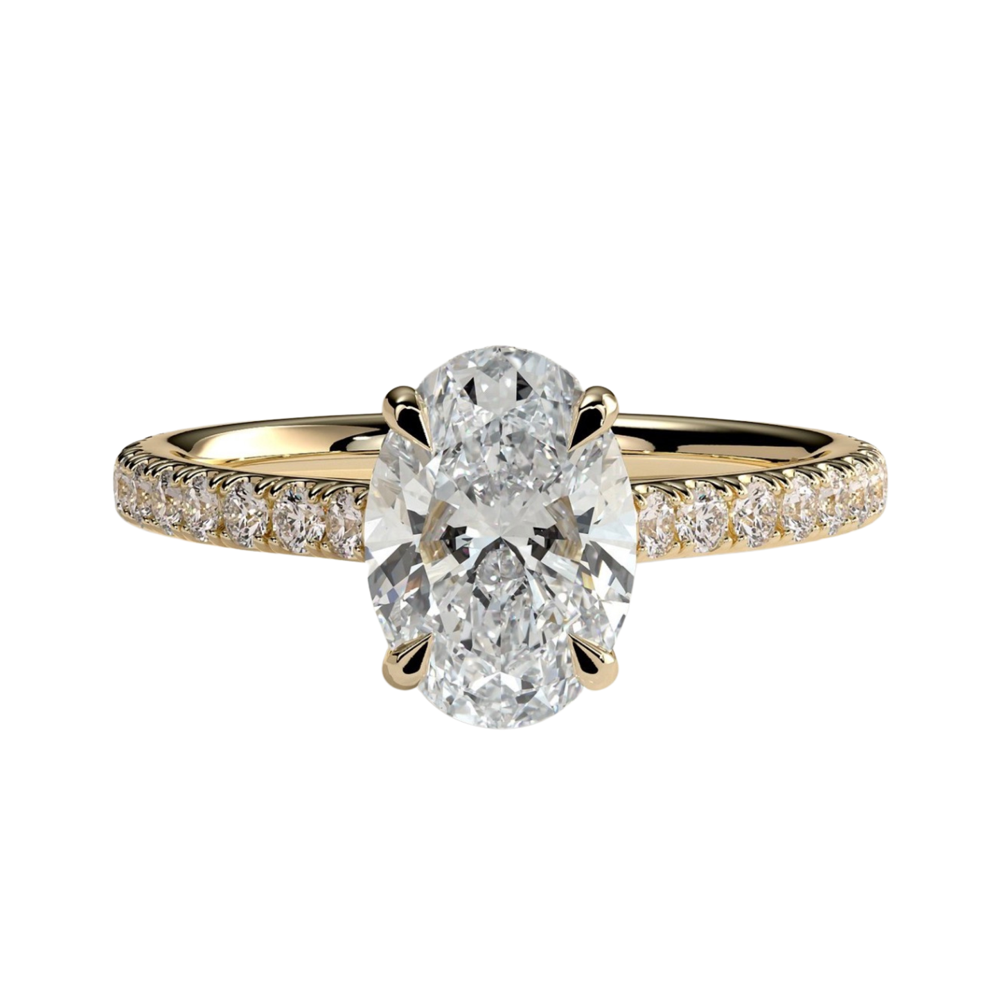 Luxury oval claw solitaire engagement ring featuring a brilliant oval-cut center stone with a sparkling hidden halo, pavé diamond band, and elegant cathedral high setting. Timeless elevated design crafted for exceptional brilliance and sophistication, available in white gold, yellow gold, rose gold, platinum, lab-grown diamond, or moissanite options.