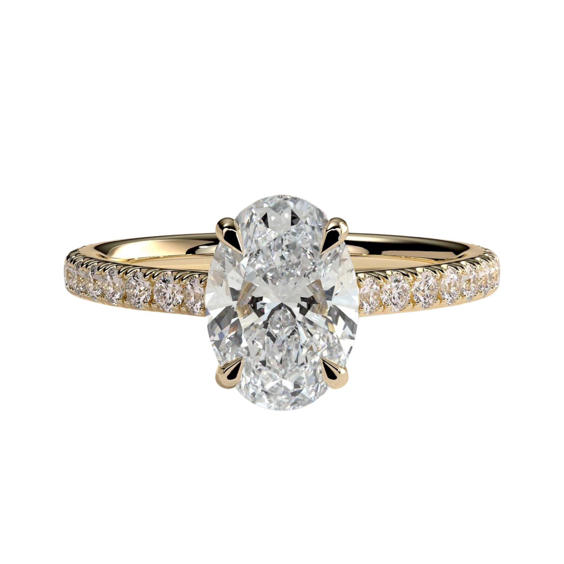 Luxury oval claw solitaire engagement ring featuring a brilliant oval-cut center stone with a sparkling hidden halo, pavé diamond band, and elegant cathedral high setting. Timeless elevated design crafted for exceptional brilliance and sophistication, available in white gold, yellow gold, rose gold, platinum, lab-grown diamond, or moissanite options.