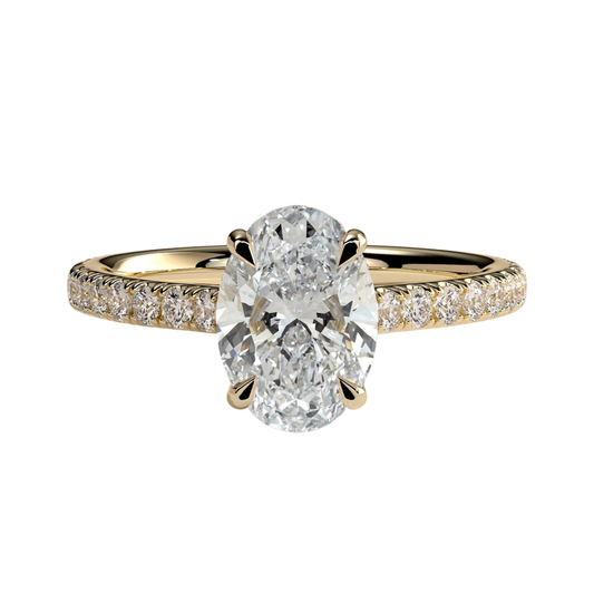 Luxury oval claw solitaire engagement ring featuring a brilliant oval-cut center stone with a sparkling hidden halo, pavé diamond band, and elegant cathedral high setting. Timeless elevated design crafted for exceptional brilliance and sophistication, available in white gold, yellow gold, rose gold, platinum, lab-grown diamond, or moissanite options.