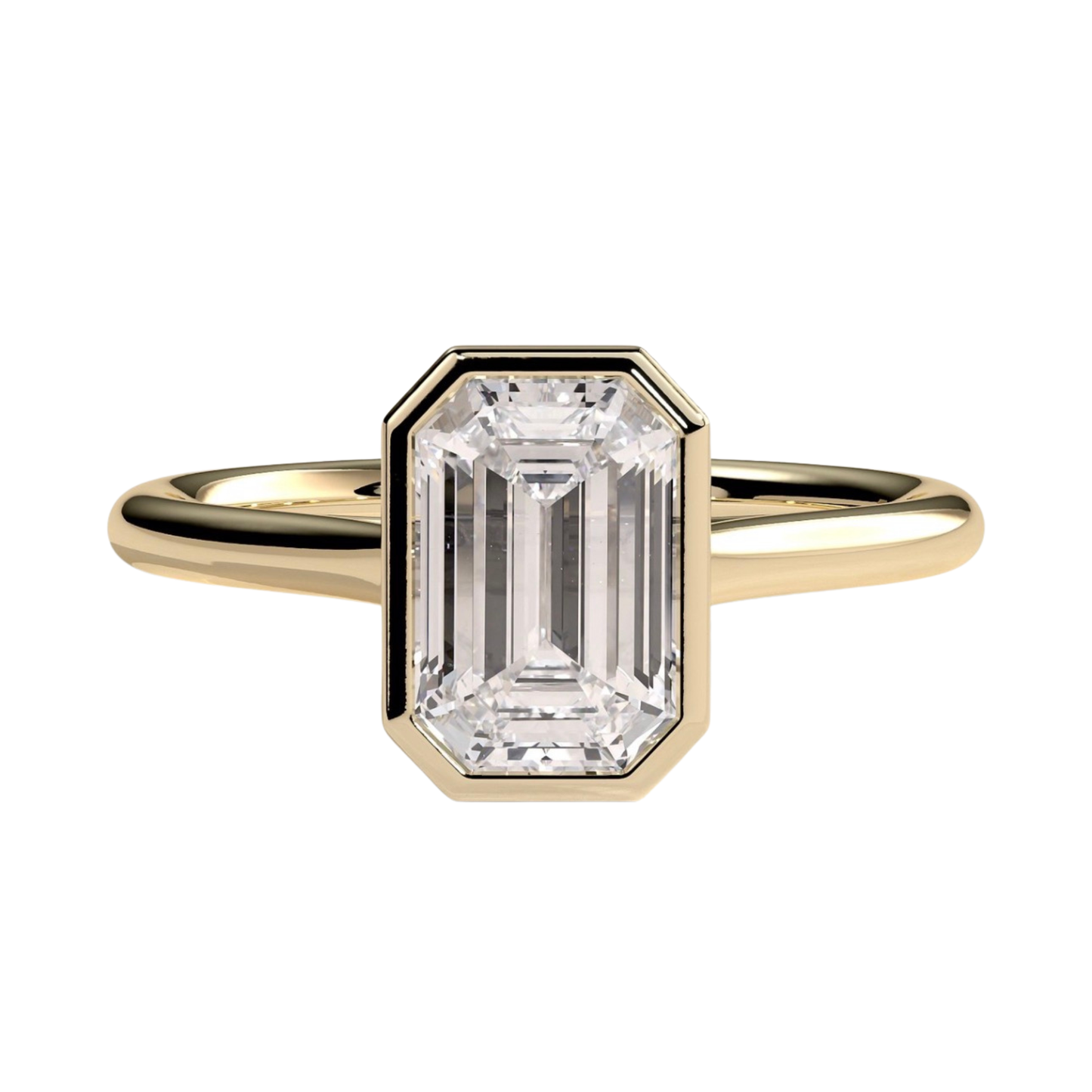 Luxury emerald bezel solitaire engagement ring featuring a brilliant emerald-cut center stone in a sleek bezel setting with an elegant cathedral high profile. Modern timeless design crafted for sophistication, durability, and everyday elegance, available in white gold, yellow gold, rose gold, platinum, lab-grown diamond, or moissanite options.