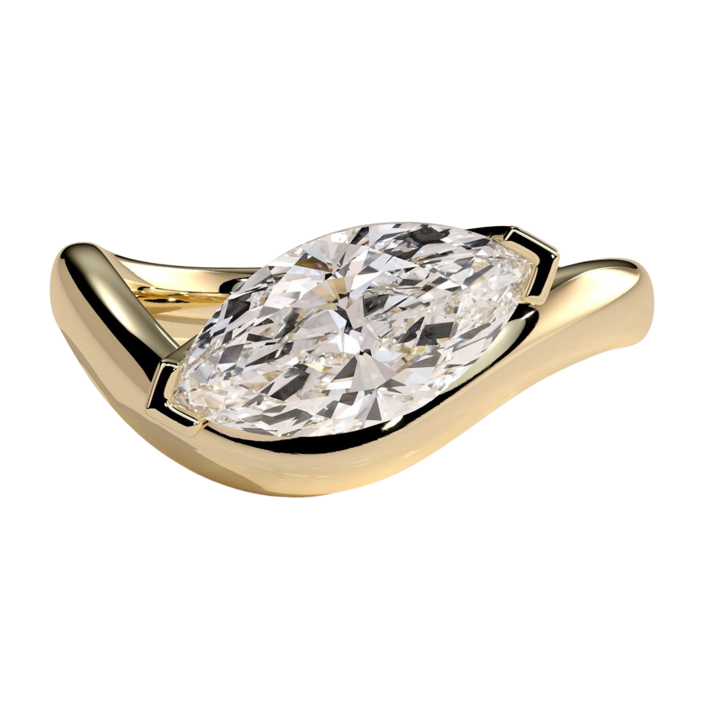 Luxury marquise east west claw solitaire engagement ring featuring a brilliant horizontally set marquise-cut center stone secured in a refined claw setting with an elegant wave band design. Contemporary sculpted silhouette crafted for timeless sophistication and everyday brilliance, available in white gold, yellow gold, rose gold, platinum, lab-grown diamond, or moissanite options.