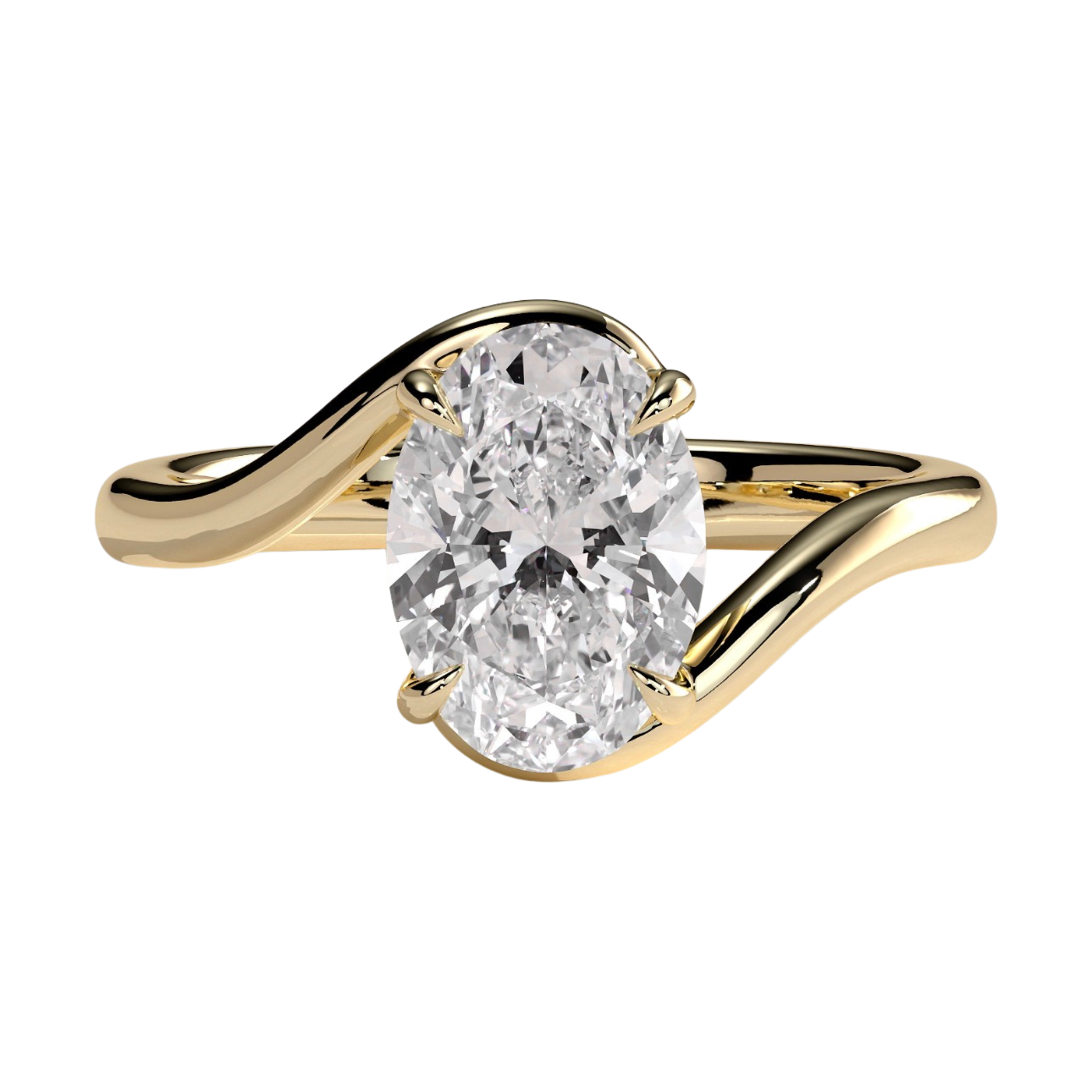 Luxury oval claw solitaire engagement ring featuring a brilliant oval-cut center stone secured in a refined claw setting with an elegant bypass band design. Modern flowing silhouette crafted for timeless sophistication and everyday brilliance, available in white gold, yellow gold, rose gold, platinum, lab-grown diamond, or moissanite options.