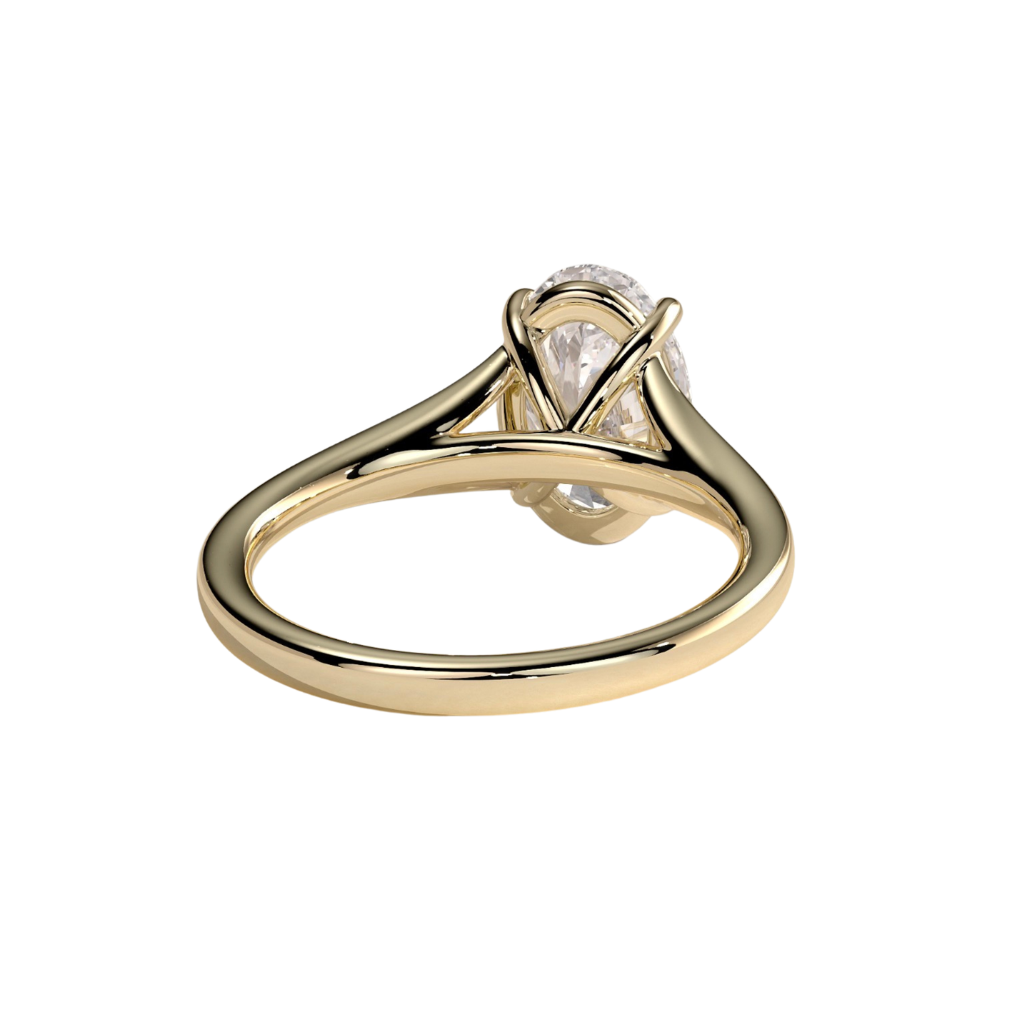 Luxury custom oval claw solitaire engagement ring featuring a brilliant oval-cut center stone secured in refined claws on an elegant open split shank band with a high cathedral profile setting. Sophisticated architectural design crafted for maximum brilliance, structural durability, and timeless luxury, available in custom carat weights and white gold, yellow gold, rose gold, platinum, lab-grown diamond, or moissanite options.