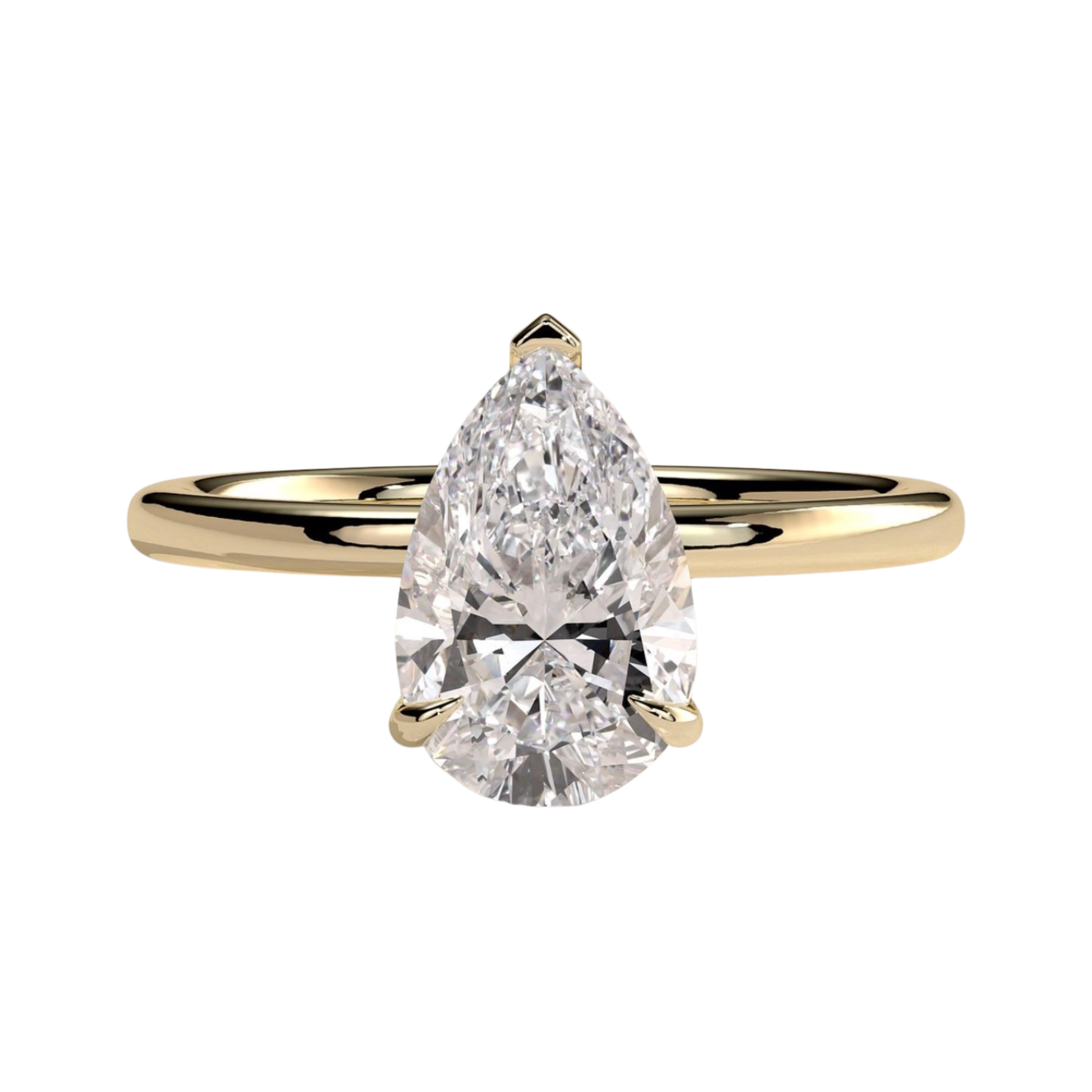 Luxury pear claw solitaire engagement ring featuring a brilliant pear-cut center stone secured in a refined claw setting for maximum sparkle and elegance. Timeless minimalist design crafted for everyday sophistication, available in white gold, yellow gold, rose gold, platinum, lab-grown diamond, or moissanite options.