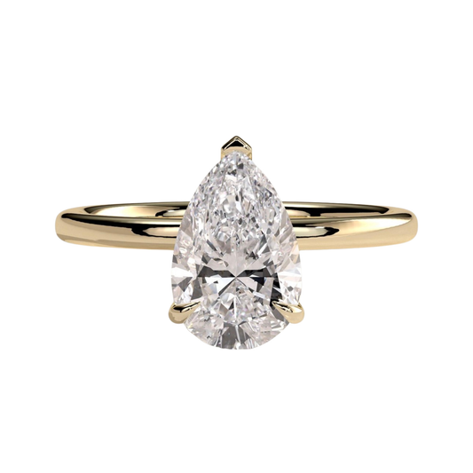 Luxury pear claw solitaire engagement ring featuring a brilliant pear-cut center stone secured in a refined claw setting for maximum sparkle and elegance. Timeless minimalist design crafted for everyday sophistication, available in white gold, yellow gold, rose gold, platinum, lab-grown diamond, or moissanite options.