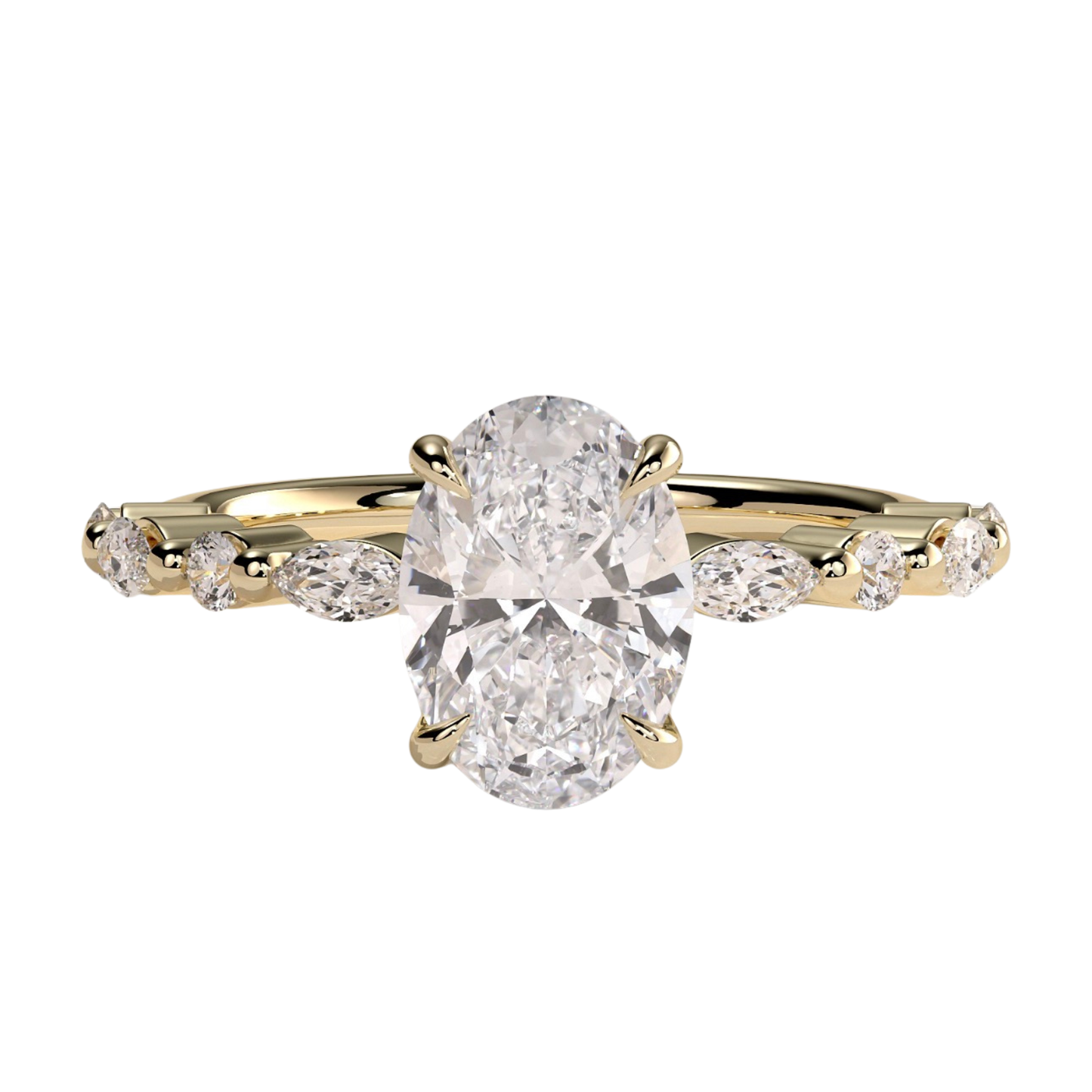 Luxury oval claw solitaire engagement ring featuring a brilliant oval-cut center stone accented with marquise and round side diamonds, finished with a sparkling hidden halo beneath the center stone. Elegant timeless design crafted for exceptional brilliance and sophistication, available in white gold, yellow gold, rose gold, platinum, lab-grown diamond, or moissanite options.