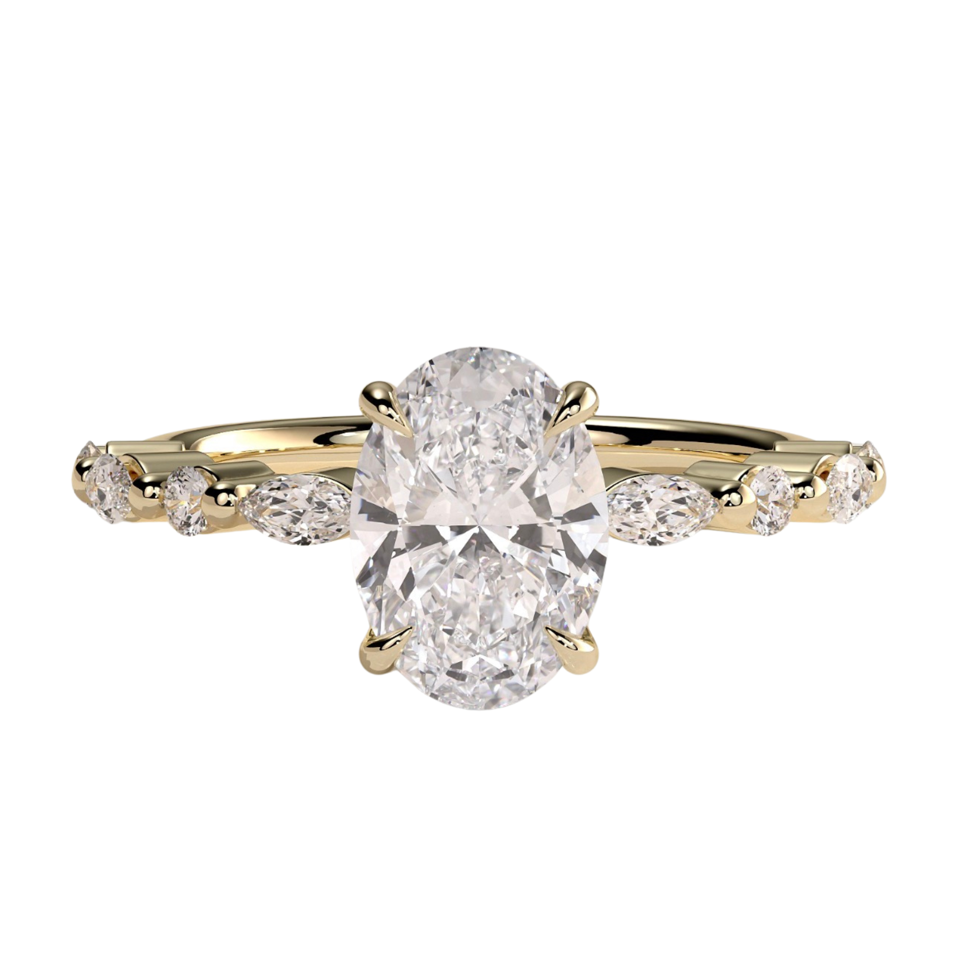 Luxury oval claw solitaire engagement ring featuring a brilliant oval-cut center stone accented with marquise and round side diamonds, finished with a sparkling hidden halo beneath the center stone. Elegant timeless design crafted for exceptional brilliance and sophistication, available in white gold, yellow gold, rose gold, platinum, lab-grown diamond, or moissanite options.