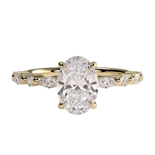 Luxury oval claw solitaire engagement ring featuring a brilliant oval-cut center stone accented with marquise and round side diamonds, finished with a sparkling hidden halo beneath the center stone. Elegant timeless design crafted for exceptional brilliance and sophistication, available in white gold, yellow gold, rose gold, platinum, lab-grown diamond, or moissanite options.