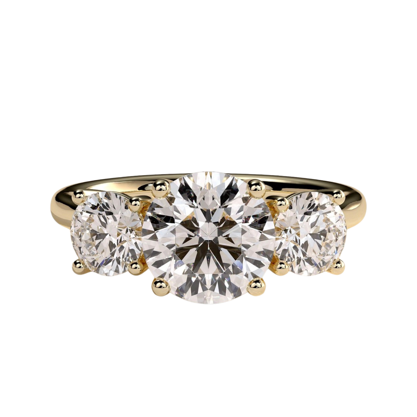 Luxury custom round claw trilogy engagement ring featuring a brilliant round-cut center stone flanked by matching round-shaped side stones and an elegant woven trellis gallery setting. Classic timeless three-stone design crafted for exceptional brilliance, structural sophistication, and durability, available in custom carat weights and white gold, yellow gold, rose gold, platinum, lab-grown diamond, or moissanite options.