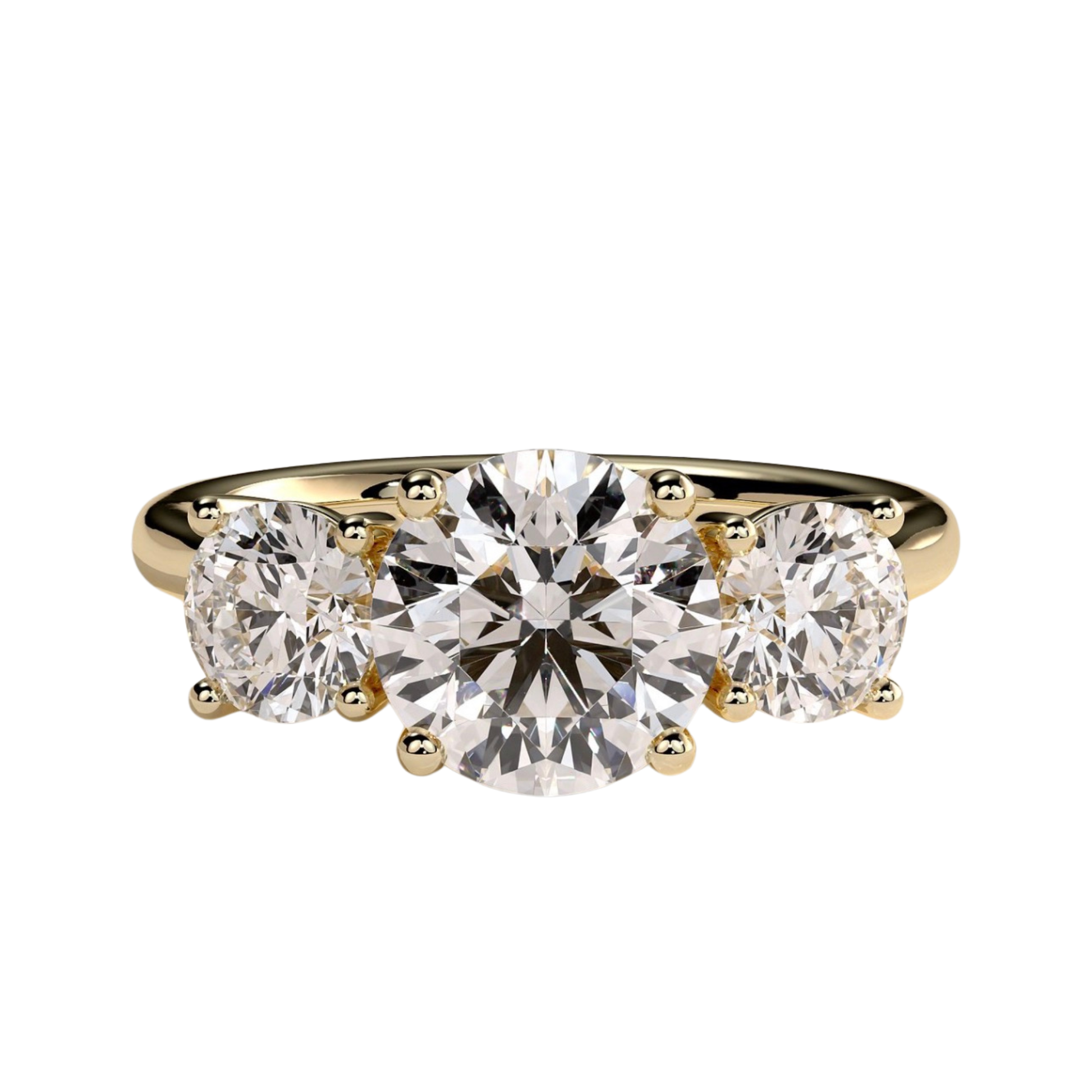 Luxury custom round claw trilogy engagement ring featuring a brilliant round-cut center stone flanked by matching round-shaped side stones and an elegant woven trellis gallery setting. Classic timeless three-stone design crafted for exceptional brilliance, structural sophistication, and durability, available in custom carat weights and white gold, yellow gold, rose gold, platinum, lab-grown diamond, or moissanite options.