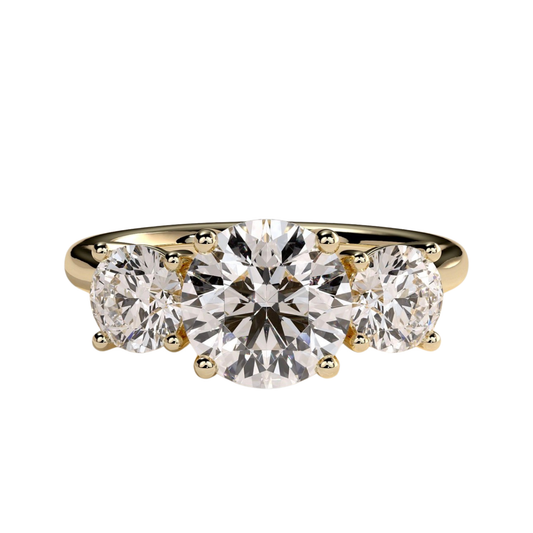 Luxury custom round claw trilogy engagement ring featuring a brilliant round-cut center stone flanked by matching round-shaped side stones and an elegant woven trellis gallery setting. Classic timeless three-stone design crafted for exceptional brilliance, structural sophistication, and durability, available in custom carat weights and white gold, yellow gold, rose gold, platinum, lab-grown diamond, or moissanite options.