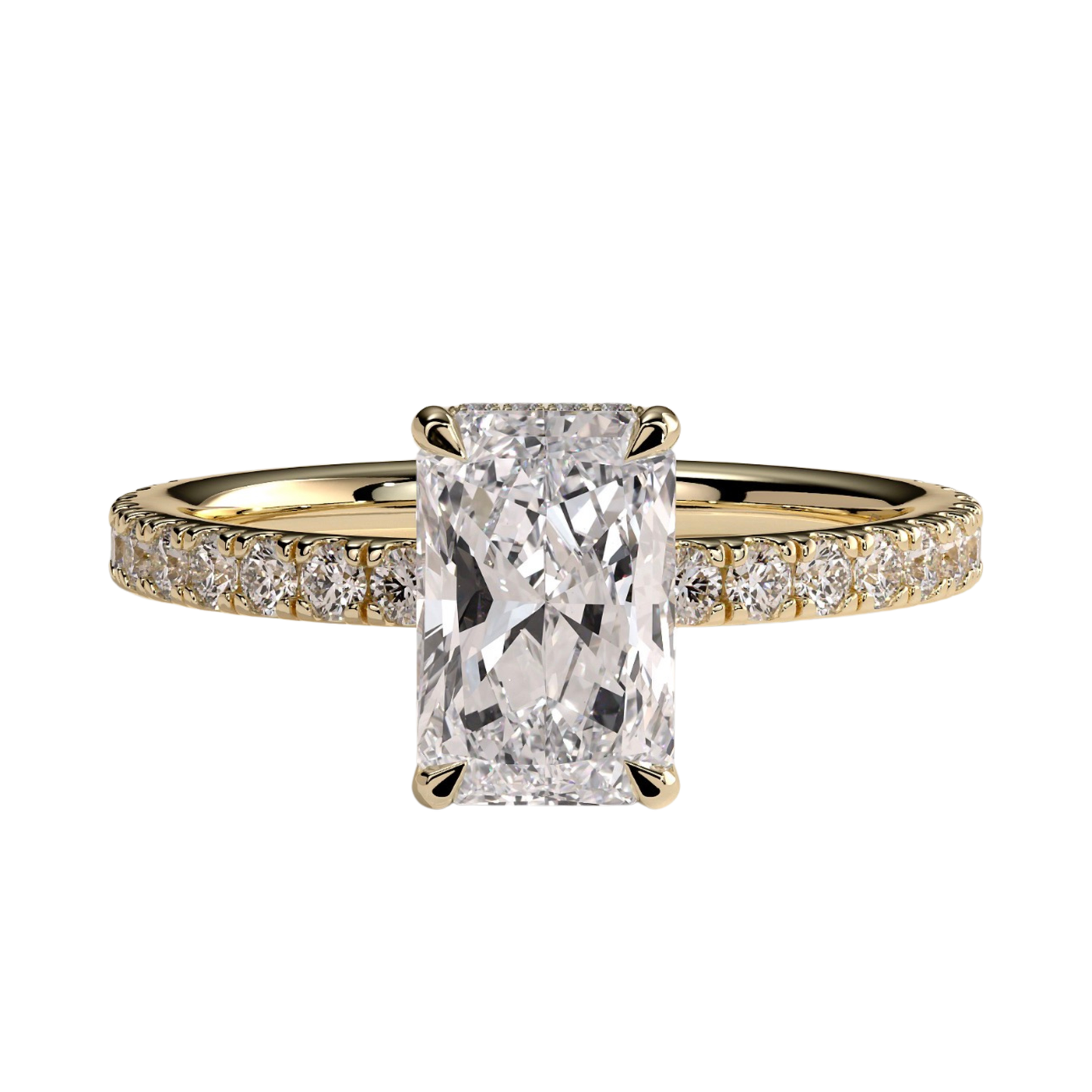 Luxury radiant claw solitaire engagement ring featuring a brilliant radiant-cut center stone secured in a refined claw setting with a sparkling hidden halo and pavé diamond band. Elegant timeless design crafted for exceptional brilliance, sophistication, and lasting beauty, available in white gold, yellow gold, rose gold, platinum, lab-grown diamond, or moissanite options.