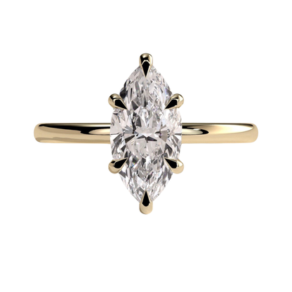 Luxury custom marquise claw solitaire engagement ring featuring a brilliant marquise-cut center stone secured in refined claws with a sparkling hidden halo beneath the center stone. Elegant timeless minimalist design crafted for exceptional brilliance, sophistication, and durability, available in custom carat weights and white gold, yellow gold, rose gold, platinum, lab-grown diamond, or moissanite options.