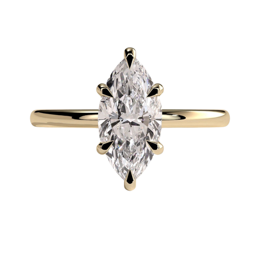 Luxury custom marquise claw solitaire engagement ring featuring a brilliant marquise-cut center stone secured in refined claws with a sparkling hidden halo beneath the center stone. Elegant timeless minimalist design crafted for exceptional brilliance, sophistication, and durability, available in custom carat weights and white gold, yellow gold, rose gold, platinum, lab-grown diamond, or moissanite options.