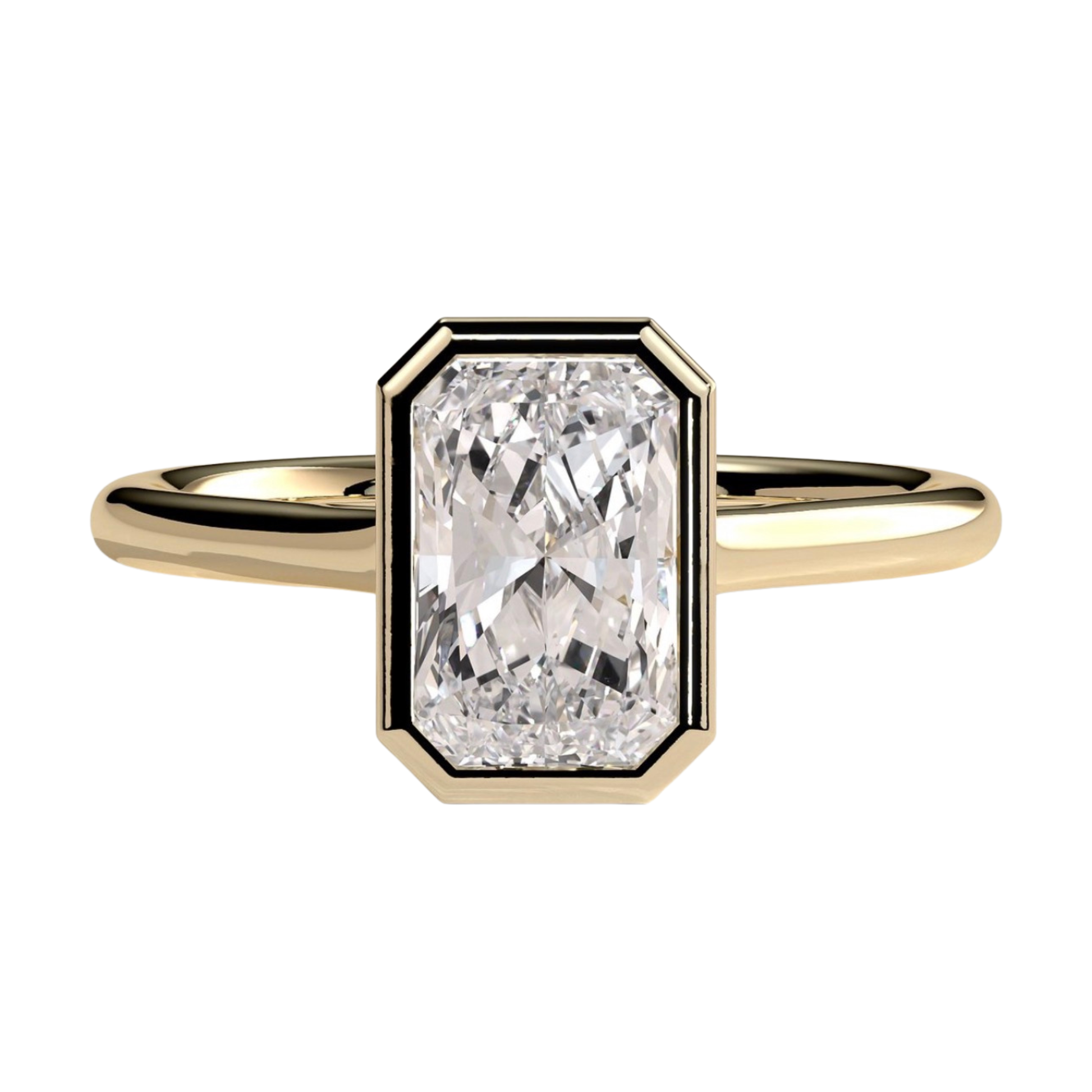 Luxury custom radiant bezel solitaire engagement ring featuring a brilliant radiant-cut center stone in a sleek bezel setting with an elegant open cathedral high profile. Modern timeless architectural design crafted for maximum brilliance, sophistication, and durability, available in custom carat weights and white gold, yellow gold, rose gold, platinum, lab-grown diamond, or moissanite options.