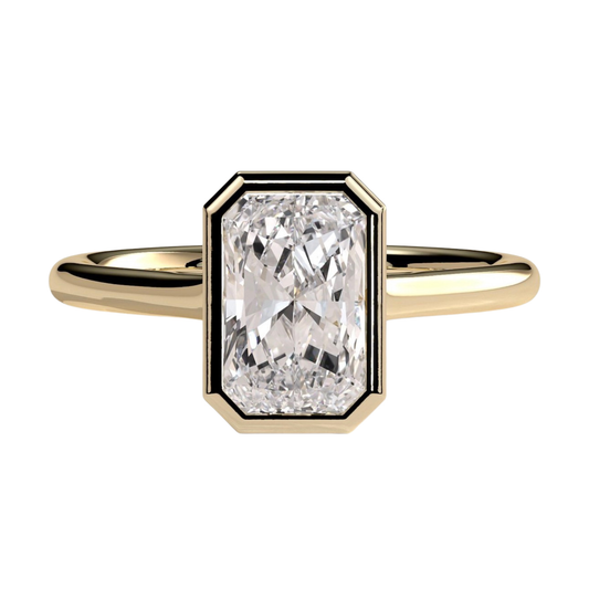Luxury custom radiant bezel solitaire engagement ring featuring a brilliant radiant-cut center stone in a sleek bezel setting with an elegant open cathedral high profile. Modern timeless architectural design crafted for maximum brilliance, sophistication, and durability, available in custom carat weights and white gold, yellow gold, rose gold, platinum, lab-grown diamond, or moissanite options.