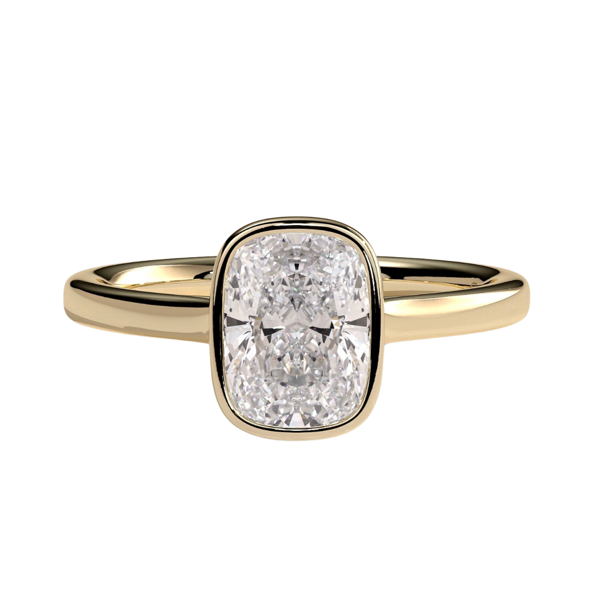 Luxury elongated cushion bezel solitaire engagement ring featuring a brilliant elongated cushion-cut center stone in a sleek bezel setting with an elegant cathedral high profile. Modern timeless design crafted for sophistication and durability, available in white gold, yellow gold, rose gold, platinum, lab-grown diamond, or moissanite options.