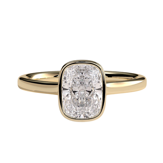 Luxury elongated cushion bezel solitaire engagement ring featuring a brilliant elongated cushion-cut center stone in a sleek bezel setting with an elegant cathedral high profile. Modern timeless design crafted for sophistication and durability, available in white gold, yellow gold, rose gold, platinum, lab-grown diamond, or moissanite options.