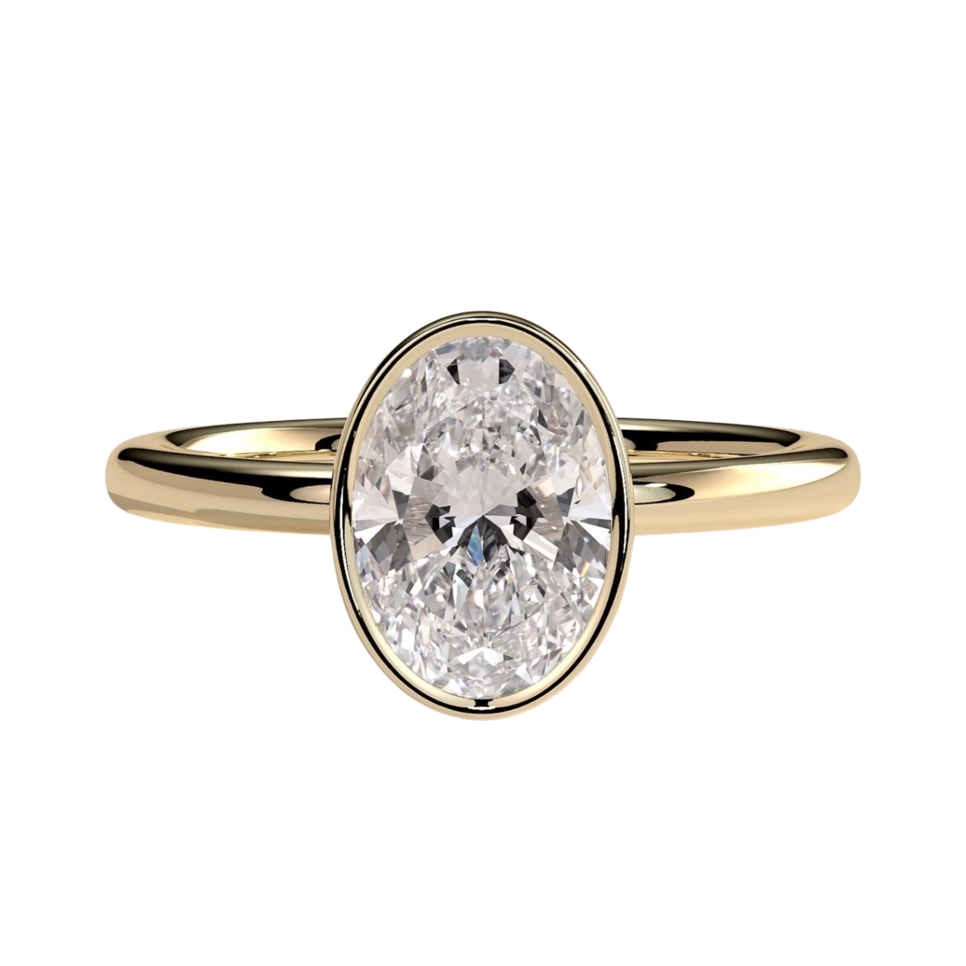 Luxury oval bezel solitaire engagement ring featuring a brilliant oval-cut center stone in a sleek bezel setting, complemented by an elegant petal gallery beneath the stone. Nature-inspired design with timeless sophistication and lasting durability, available in white gold, yellow gold, rose gold, platinum, lab-grown diamond, or moissanite options.