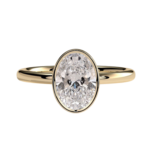 Luxury oval bezel solitaire engagement ring featuring a brilliant oval-cut center stone in a sleek bezel setting, complemented by an elegant petal gallery beneath the stone. Nature-inspired design with timeless sophistication and lasting durability, available in white gold, yellow gold, rose gold, platinum, lab-grown diamond, or moissanite options.