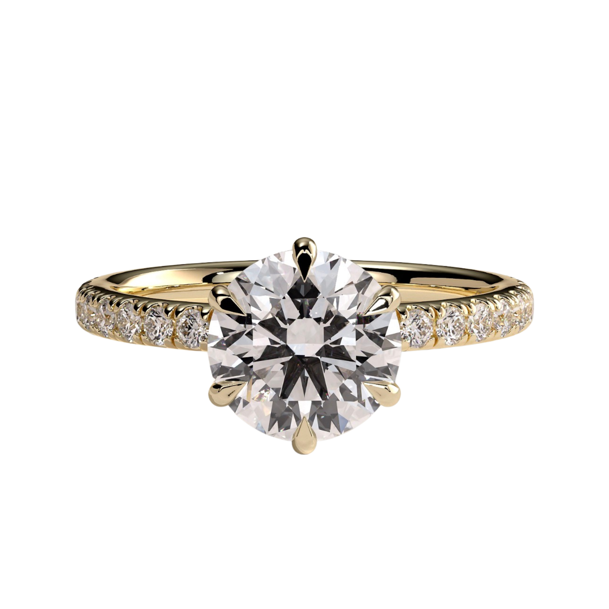 Luxury round claw solitaire engagement ring featuring a brilliant round-cut center stone secured in a refined claw setting with a sparkling wrap around hidden halo and pavé diamond band. Elegant timeless design crafted for exceptional brilliance and sophistication, available in white gold, yellow gold, rose gold, platinum, lab-grown diamond, or moissanite options.